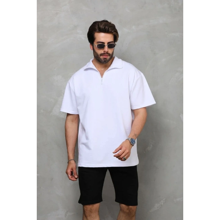 Unisex Yarım Fermuarlı Düz Oversize T-shirt - Beyaz