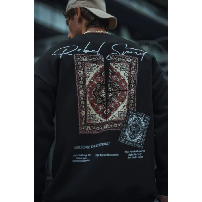 Uzun Kol Bisiklet Yaka Baskılı SweatShirt - Siyah