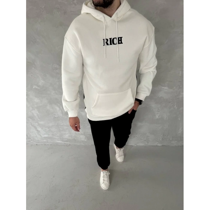 Uzun Kol Kapüşonlu Göğüs Baskılı SweatShirt - Beyaz