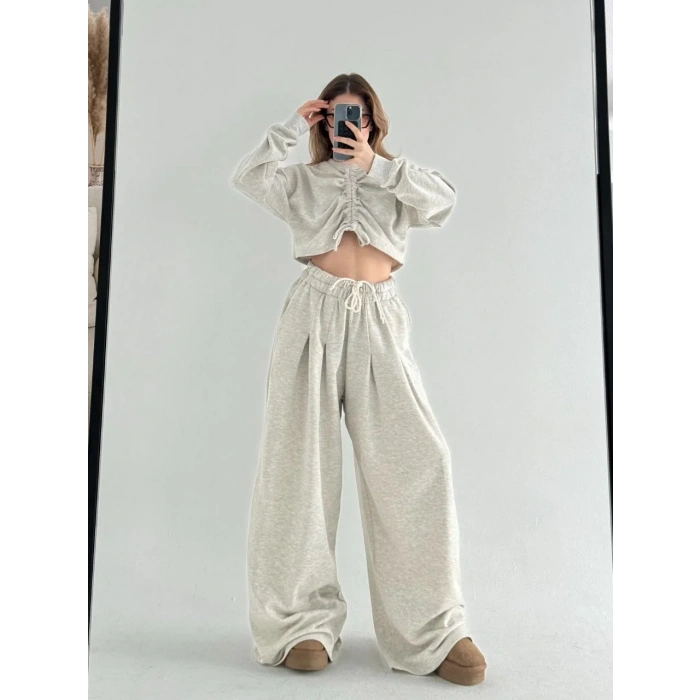 Uzun Kollu Önü İp Büzgülü Crop ve Pantolon İkili Takım - Gri