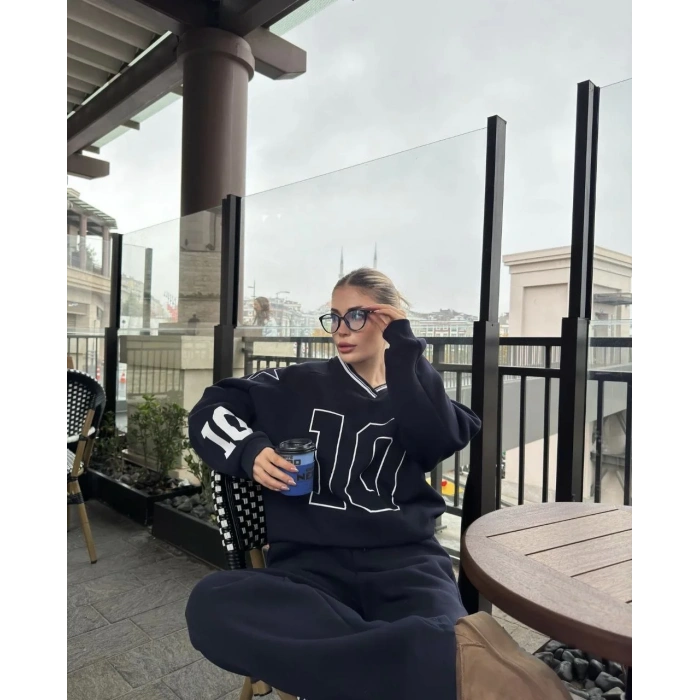 V Yaka Üç İplik Sweat Takım - Siyah