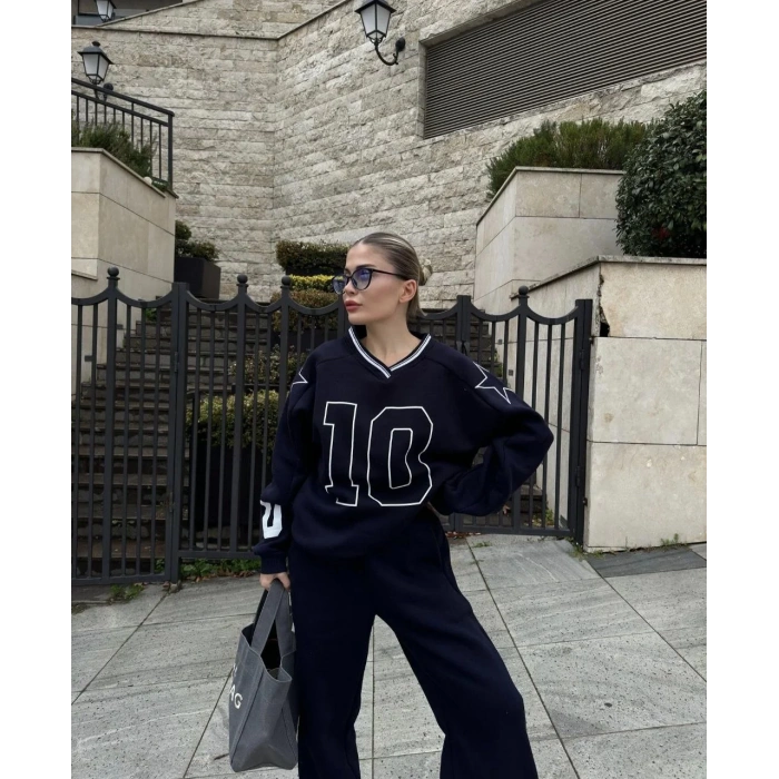 V Yaka Üç İplik Sweat Takım - Siyah