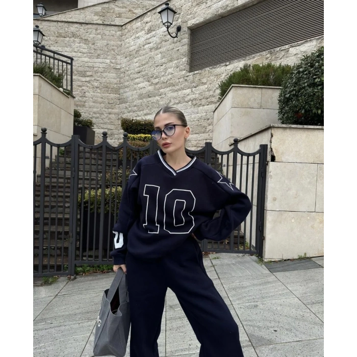 V Yaka Üç İplik Sweat Takım - Siyah