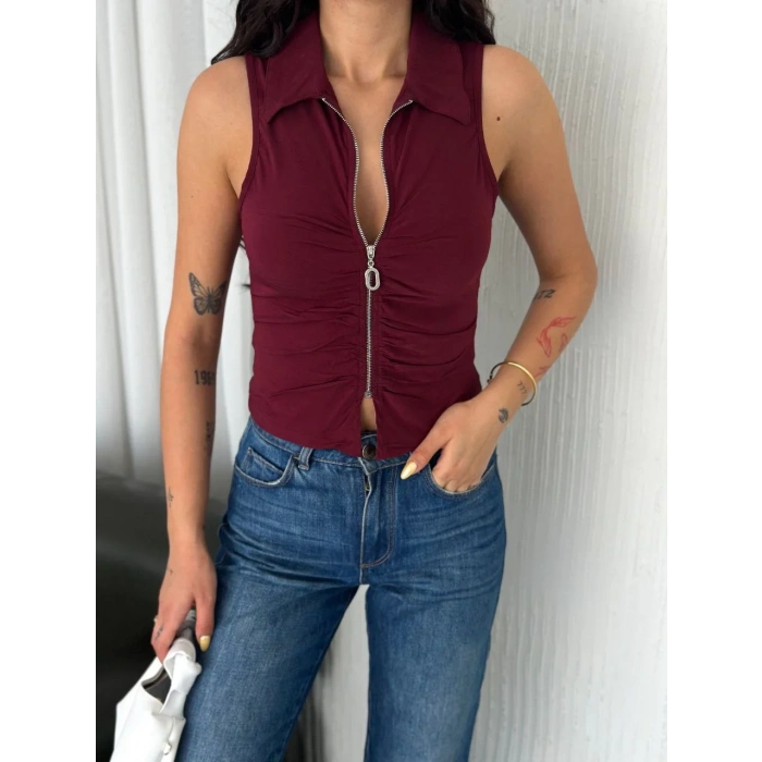 Yakalı Tam Fermuarlı Kolsuz Bluz - Bordo