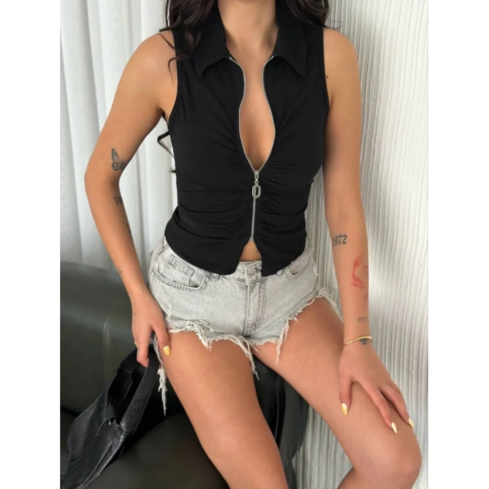 Yakalı Tam Fermuarlı Kolsuz Bluz - Siyah