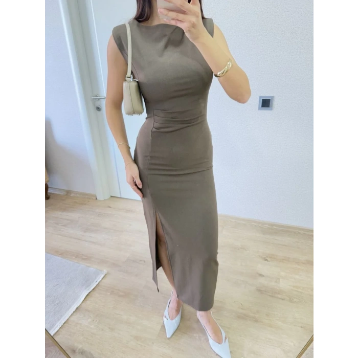 Yırtmaç Detaylı Sırtlı Kapalı Yandan Derin Yırtmaç Detaylı Kolsuz Elbise - Antrasit