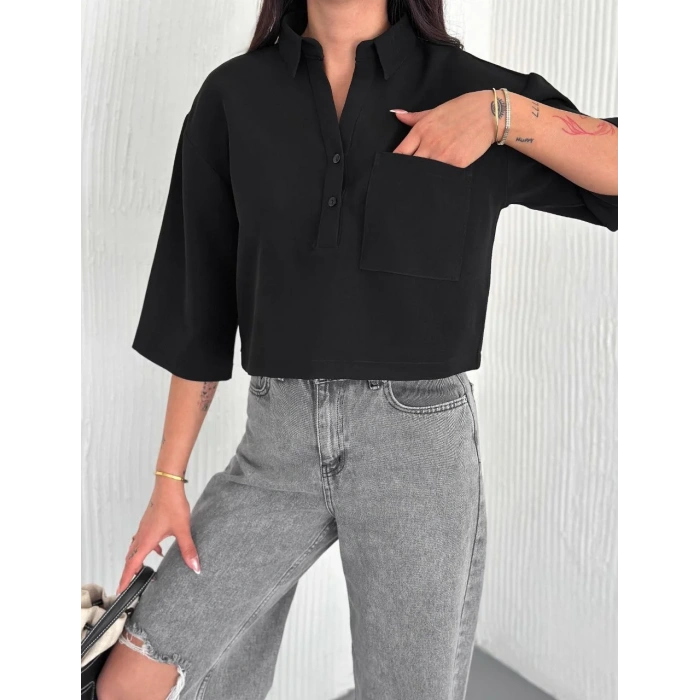 Z Krep Kadın Crop Yakalı Gömlek İlik Düğmeli Üç Çeyrek Sleeve Kol - Siyah