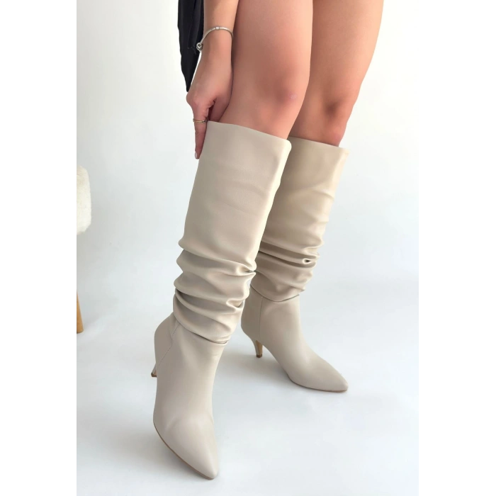 Zelya Bej Cilt Topuklu Çizme