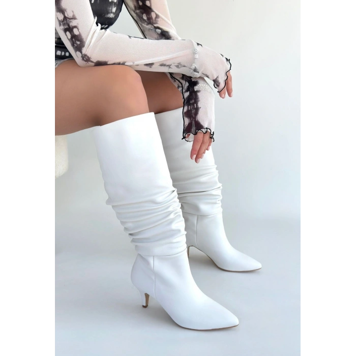 Zelya Beyaz Cilt Topuklu Çizme