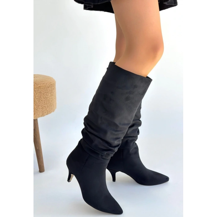 Zelya Siyah Süet Topuklu Çizme