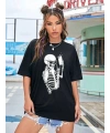 Kadın iskelet Baskılı T-Shirt Kısa Kol Bisiklet Yaka Oversize Tişört - Siyah