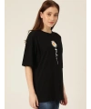 Kadın Papatya Baskılı T-Shirt Kısa Kol Bisiklet Yaka Oversize  Tişört - Siyah