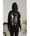 Baskılı Oversize Üç İplik Kapüşonlu Sweatshirt - Siyah