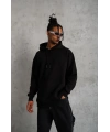 Erkek 3 İplik Pamuklu Kapüşonlu Cepli Düz Hoodie Sweatshirt - Siyah