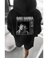 Erkek 3 İplik Pamuklu Kapüşonlu Baskılı Cepli Oversize Sweatshirt Hoodie - Siyah