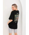 Kadın Kısa Kol Yazlık Tişört Bisiklet Yaka Baskılı Oversize T-Shirt - Siyah
