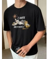 Erkek Baskılı T-Shirt Kısa Kol Bisiklet Yaka Regular Fit Rahat Kalıp Günlük Tişört - Siyah