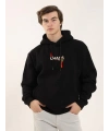 Erkek 3 İplik Pamuklu Kapüşonlu Baskılı Cepli Oversize Sweatshirt Hoodie - Siyah