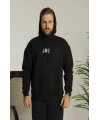 Erkek 3 İplik Pamuklu Kapüşonlu Baskılı Cepli Oversize Sweatshirt Hoodie - Siyah