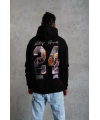 Erkek 3 İplik Pamuklu Kapüşonlu Baskılı Cepli Oversize Sweatshirt Hoodie - Siyah