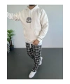Erkek 3 İplik Pamuklu Kapüşonlu Baskılı Cepli Oversize Sweatshirt Hoodie - Beyaz