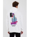 Erkek 3 İplik Pamuklu Kapüşonlu Baskılı Cepli Oversize Sweatshirt Hoodie - Beyaz
