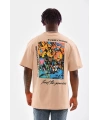 Erkek  Bisiklet Yaka Baskılı Oversize T-Shirt - Bej