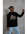 Erkek 3 İplik Pamuklu Kapüşonlu Baskılı Cepli Oversize Sweatshirt Hoodie - Siyah