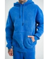 ERKEK 3 İplik Pamuklu Oversize Kapüşonlu Yıkamalı Hoodie SweatShirt - Mavi