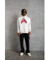 Erkek Kapüşonlu Cepli Boks Eldiven Baskılı 3 İplik Sweatshirt Hoodie - Beyaz