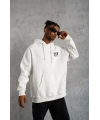 Erkek 3 İplik Pamuklu Kapüşonlu Baskılı Cepli Oversize Sweatshirt Hoodie - Beyaz