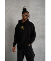 Erkek 3 İplik Pamuklu Kapüşonlu Baskılı Cepli Oversize Sweatshirt Hoodie - Siyah
