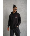 Erkek 3 İplik Pamuklu Kapüşonlu Baskılı Cepli Oversize Sweatshirt Hoodie - Siyah