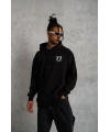 Erkek 3 İplik Pamuklu Kapüşonlu Baskılı Cepli Oversize Sweatshirt Hoodie - Siyah