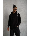 Erkek 3 İplik Pamuklu Kapüşonlu Baskılı Cepli Oversize Sweatshirt Hoodie - Siyah