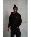 Erkek 3 İplik Pamuklu Kapüşonlu Baskılı Cepli Oversize Sweatshirt Hoodie - Siyah