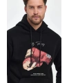 Erkek 3 İplik Pamuklu Kapüşonlu Cepli Boxy Eldiven Baskılı Hoodie Sweatshirt - Siyah