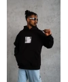 Erkek 3 İplik Pamuklu Kapüşonlu Baskılı Cepli Oversize Sweatshirt Hoodie - Siyah