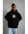 Erkek 3 İplik Pamuklu Kapüşonlu Baskılı Cepli Oversize Sweatshirt Hoodie - Siyah
