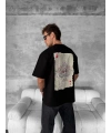 ERKEK Tişört Kısa Kol Ön ve Arka Baskılı Oversize Bisiklet Yaka T-shirt - Siyah