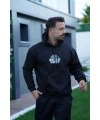 Erkek Kapüşonlu Kanguru Cepli Sweatshirt 3 İplik Pamuklu Baskılı Hoodie - Siyah