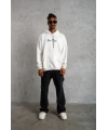 Erkek Kapüşonlu Kanguru Cepli Sweatshirt 3 İplik Pamuklu Baskılı Hoodie - Beyaz