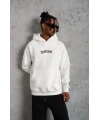 Erkek 3 İplik Pamuklu Kapüşonlu Baskılı Cepli Oversize Sweatshirt Hoodie - Beyaz