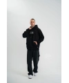 Erkek 3 İplik Pamuklu Kapüşonlu Baskılı Cepli Oversize Sweatshirt Hoodie - Siyah