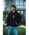 Erkek Kapüşonlu Kanguru Cepli Sweatshirt 3 İplik Pamuklu Baskılı Hoodie -  Siyah