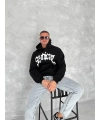 Erkek 3 İplik Pamuklu Kapüşonlu Baskılı Cepli Oversize Sweatshirt Hoodie - Siyah