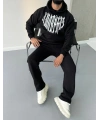 Erkek Kapüşonlu Kanguru Cepli Sweatshirt 3 İplik Pamuklu Baskılı Hoodie -  Siyah
