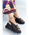 Gwon Siyah Cilt Dolgu Topuk Sandalet