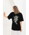 Kadın Kısa Kol Yazlık Tişört Bisiklet Yaka Ejderha Baskılı T-Shirt - Siyah