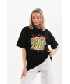 Kadın Kısa Kol Yazlık Tişört Bisiklet Yaka Ejderha Baskılı T-Shirt - Siyah